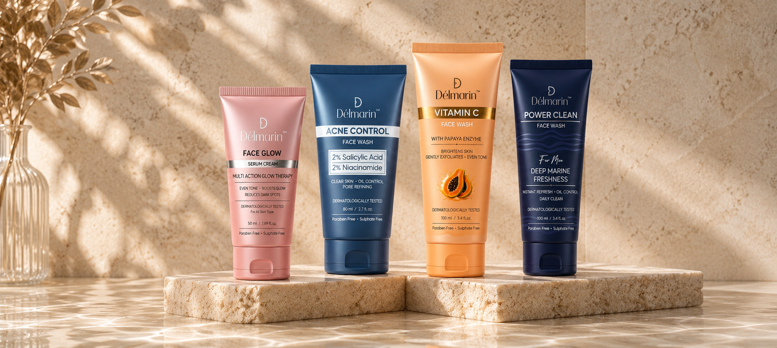 Délmarin face wash and serum range in pink, blue, orange and navy tubes